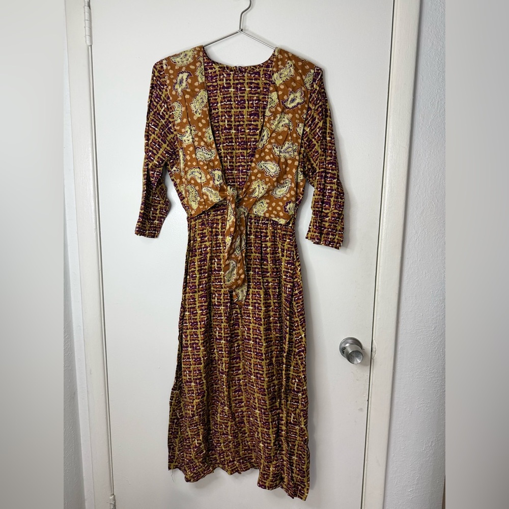 Vintage Dance, chartreuse, purple, brown paisley, abstract print midi dress M